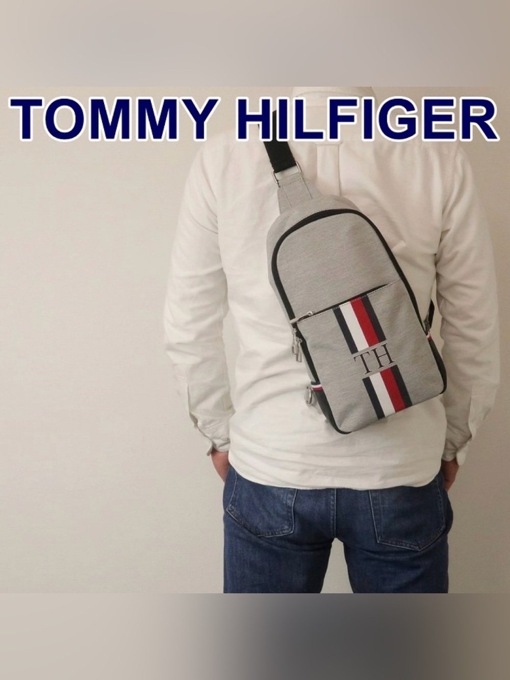 Tommy Hilfiger Rare Light Gray Sling Belt Bag with Red & Navy Stripes